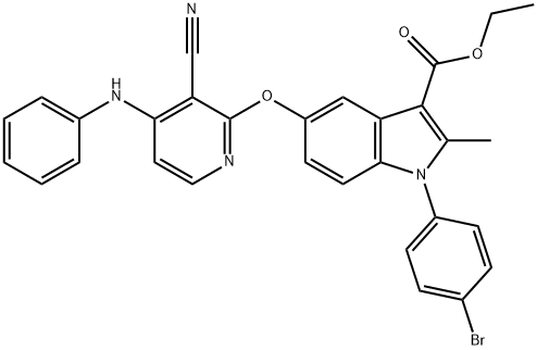 ethyl 5-[(4-anilino-3-cyanopyridin-2-yl)oxy]-1-(4-bromophenyl)-2-methyl-1H-indole-3-carboxylate Struktur