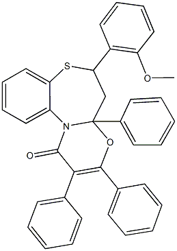 6-(2-methoxyphenyl)-2,3,4a-triphenyl-5,6-dihydro-1H,4aH-[1,3]oxazino[2,3-d][1,5]benzothiazepin-1-one Struktur