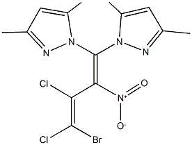 1-{4-bromo-3,4-dichloro-1-(3,5-dimethyl-1H-pyrazol-1-yl)-2-nitro-1,3-butadienyl}-3,5-dimethyl-1H-pyrazole Struktur