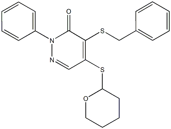 4-(benzylsulfanyl)-2-phenyl-5-(tetrahydro-2H-pyran-2-ylsulfanyl)-3(2H)-pyridazinone Struktur