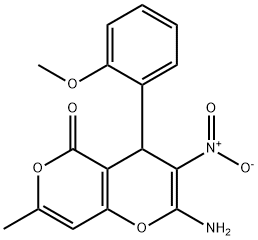 2-amino-3-nitro-4-(2-methoxyphenyl)-7-methyl-4H,5H-pyrano[4,3-b]pyran-5-one Struktur