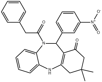 11-{3-nitrophenyl}-3,3-dimethyl-10-(phenylacetyl)-2,3,4,5,10,11-hexahydro-1H-dibenzo[b,e][1,4]diazepin-1-one Struktur