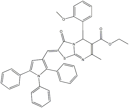 ethyl 5-(2-methoxyphenyl)-7-methyl-3-oxo-2-[(1,2,5-triphenyl-1H-pyrrol-3-yl)methylene]-2,3-dihydro-5H-[1,3]thiazolo[3,2-a]pyrimidine-6-carboxylate Struktur