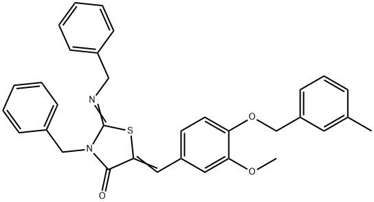 3-benzyl-2-(benzylimino)-5-{3-methoxy-4-[(3-methylbenzyl)oxy]benzylidene}-1,3-thiazolidin-4-one Struktur