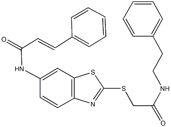 N-[2-({2-oxo-2-[(2-phenylethyl)amino]ethyl}sulfanyl)-1,3-benzothiazol-6-yl]-3-phenylacrylamide Struktur