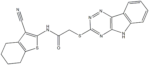 N-(3-cyano-4,5,6,7-tetrahydro-1-benzothien-2-yl)-2-(5H-[1,2,4]triazino[5,6-b]indol-3-ylsulfanyl)acetamide Struktur