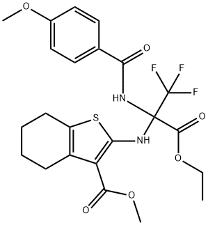 methyl 2-({1-(ethoxycarbonyl)-2,2,2-trifluoro-1-[(4-methoxybenzoyl)amino]ethyl}amino)-4,5,6,7-tetrahydro-1-benzothiophene-3-carboxylate Struktur