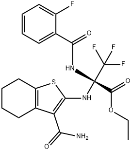 ethyl 2-{[3-(aminocarbonyl)-4,5,6,7-tetrahydro-1-benzothien-2-yl]amino}-3,3,3-trifluoro-2-[(2-fluorobenzoyl)amino]propanoate Struktur