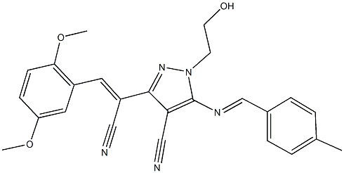 3-[1-cyano-2-(2,5-dimethoxyphenyl)vinyl]-1-(2-hydroxyethyl)-5-[(4-methylbenzylidene)amino]-1H-pyrazole-4-carbonitrile Struktur