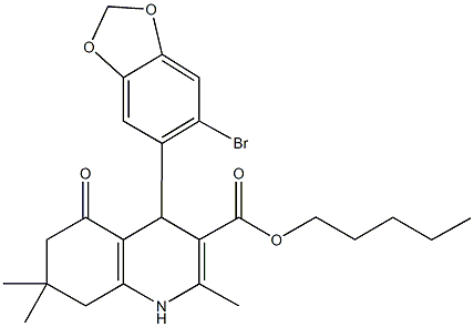 pentyl 4-(6-bromo-1,3-benzodioxol-5-yl)-2,7,7-trimethyl-5-oxo-1,4,5,6,7,8-hexahydroquinoline-3-carboxylate Struktur