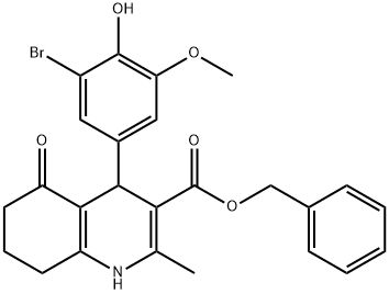 phenylmethyl 4-[3-bromo-4-hydroxy-5-(methyloxy)phenyl]-2-methyl-5-oxo-1,4,5,6,7,8-hexahydroquinoline-3-carboxylate Struktur