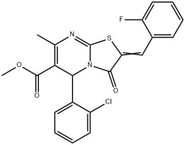 methyl 5-(2-chlorophenyl)-2-(2-fluorobenzylidene)-7-methyl-3-oxo-2,3-dihydro-5H-[1,3]thiazolo[3,2-a]pyrimidine-6-carboxylate Struktur