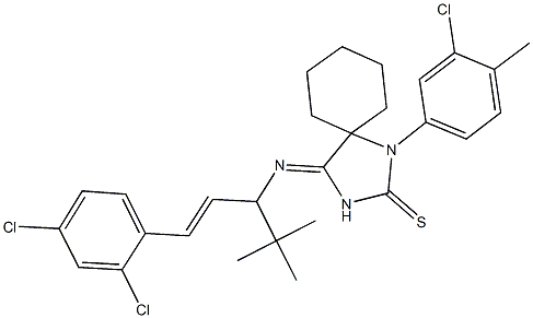 4-{[1-tert-butyl-3-(2,4-dichlorophenyl)-2-propenyl]imino}-1-(3-chloro-4-methylphenyl)-1,3-diazaspiro[4.5]decane-2-thione Struktur