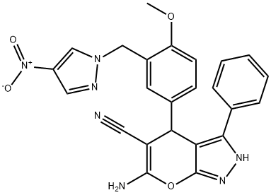 6-amino-4-[3-({4-nitro-1H-pyrazol-1-yl}methyl)-4-methoxyphenyl]-3-phenyl-1,4-dihydropyrano[2,3-c]pyrazole-5-carbonitrile Struktur