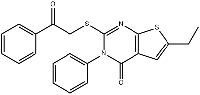 6-ethyl-2-[(2-oxo-2-phenylethyl)sulfanyl]-3-phenylthieno[2,3-d]pyrimidin-4(3H)-one Struktur