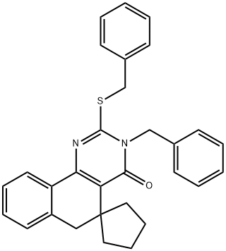 3-benzyl-2-(benzylsulfanyl)-5,6-dihydrospiro(benzo[h]quinazoline-5,1'-cyclopentane)-4(3H)-one Struktur