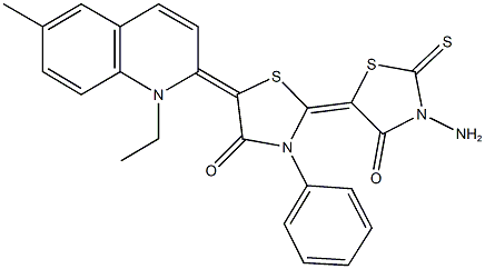 3'-amino-5-(1-ethyl-6-methyl-2(1H)-quinolinylidene)-3-phenyl-2'-thioxo-2,5'-bis[1,3-thiazolidin-2-ylidene]-4,4'-dione Struktur