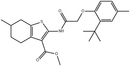 methyl 2-{[(2-tert-butyl-4-methylphenoxy)acetyl]amino}-6-methyl-4,5,6,7-tetrahydro-1-benzothiophene-3-carboxylate Struktur