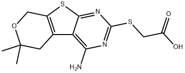 [(4-amino-6,6-dimethyl-5,8-dihydro-6H-pyrano[4',3':4,5]thieno[2,3-d]pyrimidin-2-yl)sulfanyl]acetic acid Struktur