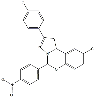 9-chloro-5-{4-nitrophenyl}-2-[4-(methyloxy)phenyl]-1,10b-dihydropyrazolo[1,5-c][1,3]benzoxazine Struktur