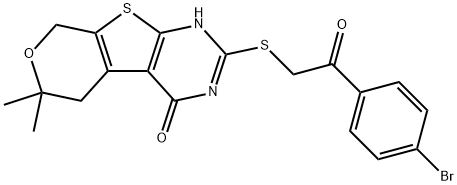 2-{[2-(4-bromophenyl)-2-oxoethyl]sulfanyl}-6,6-dimethyl-3,5,6,8-tetrahydro-4H-pyrano[4',3':4,5]thieno[2,3-d]pyrimidin-4-one Struktur