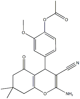 4-(2-amino-3-cyano-7,7-dimethyl-5-oxo-5,6,7,8-tetrahydro-4H-chromen-4-yl)-2-methoxyphenyl acetate Struktur