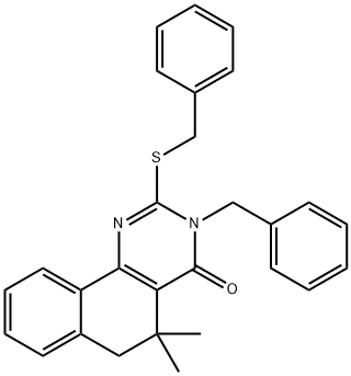 3-benzyl-2-(benzylsulfanyl)-5,5-dimethyl-5,6-dihydrobenzo[h]quinazolin-4(3H)-one Struktur