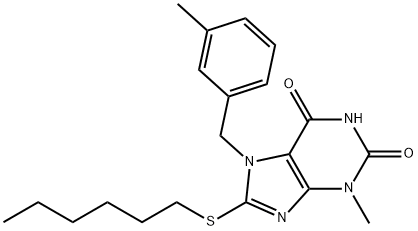 8-(hexylsulfanyl)-3-methyl-7-(3-methylbenzyl)-3,7-dihydro-1H-purine-2,6-dione Struktur