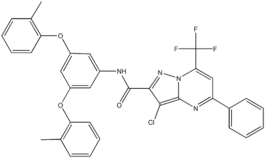 N-[3,5-bis(2-methylphenoxy)phenyl]-3-chloro-5-phenyl-7-(trifluoromethyl)pyrazolo[1,5-a]pyrimidine-2-carboxamide Struktur