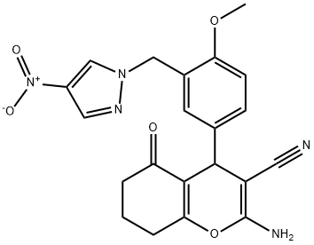 2-amino-4-[3-({4-nitro-1H-pyrazol-1-yl}methyl)-4-methoxyphenyl]-5-oxo-5,6,7,8-tetrahydro-4H-chromene-3-carbonitrile Struktur