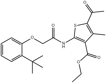 ethyl 5-acetyl-2-{[(2-tert-butylphenoxy)acetyl]amino}-4-methyl-3-thiophenecarboxylate Struktur