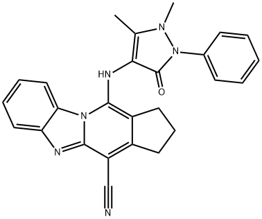 11-[(1,5-dimethyl-3-oxo-2-phenyl-2,3-dihydro-1H-pyrazol-4-yl)amino]-2,3-dihydro-1H-cyclopenta[4,5]pyrido[1,2-a]benzimidazole-4-carbonitrile Struktur