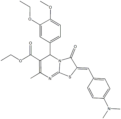 ethyl 2-[4-(dimethylamino)benzylidene]-5-(3-ethoxy-4-methoxyphenyl)-7-methyl-3-oxo-2,3-dihydro-5H-[1,3]thiazolo[3,2-a]pyrimidine-6-carboxylate Struktur