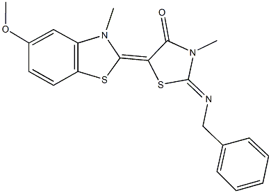 2-(benzylimino)-5-(5-methoxy-3-methyl-1,3-benzothiazol-2(3H)-ylidene)-3-methyl-1,3-thiazolidin-4-one Struktur