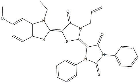 3-allyl-5-(3-ethyl-5-methoxy-1,3-benzothiazol-2(3H)-ylidene)-2-(5-oxo-1,3-diphenyl-2-thioxo-4-imidazolidinylidene)-1,3-thiazolidin-4-one Struktur