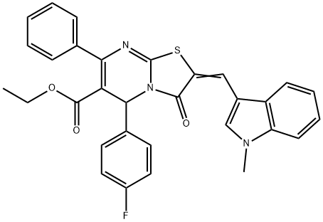 ethyl 5-(4-fluorophenyl)-2-[(1-methyl-1H-indol-3-yl)methylene]-3-oxo-7-phenyl-2,3-dihydro-5H-[1,3]thiazolo[3,2-a]pyrimidine-6-carboxylate Struktur