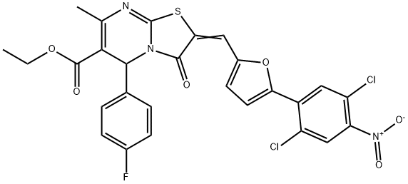 ethyl 2-[(5-{2,5-dichloro-4-nitrophenyl}-2-furyl)methylene]-5-(4-fluorophenyl)-7-methyl-3-oxo-2,3-dihydro-5H-[1,3]thiazolo[3,2-a]pyrimidine-6-carboxylate Struktur