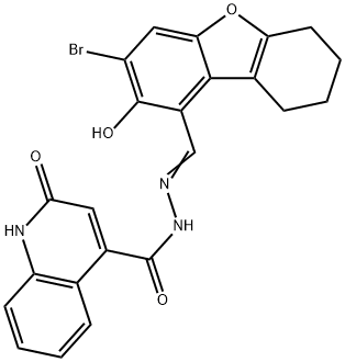 N'-[(3-bromo-2-hydroxy-6,7,8,9-tetrahydrodibenzo[b,d]furan-1-yl)methylene]-2-hydroxy-4-quinolinecarbohydrazide Struktur