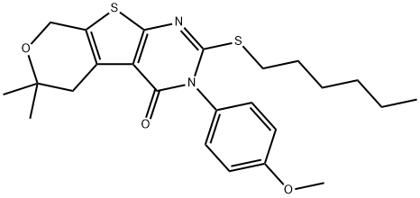 2-(hexylsulfanyl)-3-(4-methoxyphenyl)-6,6-dimethyl-3,5,6,8-tetrahydro-4H-pyrano[4',3':4,5]thieno[2,3-d]pyrimidin-4-one Struktur