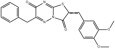 6-benzyl-2-(3,4-dimethoxybenzylidene)-7H-[1,3]thiazolo[3,2-b][1,2,4]triazine-3,7(2H)-dione Struktur