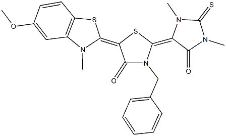 3-benzyl-2-(1,3-dimethyl-5-oxo-2-thioxo-4-imidazolidinylidene)-5-(5-methoxy-3-methyl-1,3-benzothiazol-2(3H)-ylidene)-1,3-thiazolidin-4-one Struktur