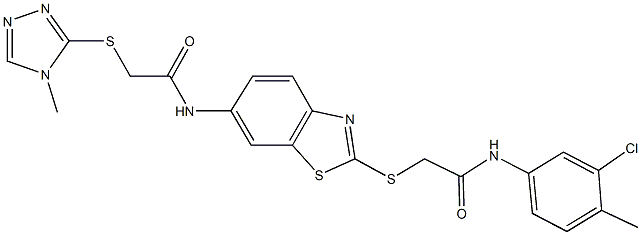 N-(2-{[2-(3-chloro-4-methylanilino)-2-oxoethyl]sulfanyl}-1,3-benzothiazol-6-yl)-2-[(4-methyl-4H-1,2,4-triazol-3-yl)sulfanyl]acetamide Struktur