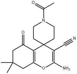 2-amino-3-cyano-7,7-dimethyl-1'-acetyl-5-oxo-5,6,7,8-tetrahydrospiro[4H-chromene-4,4'-piperidine] Struktur