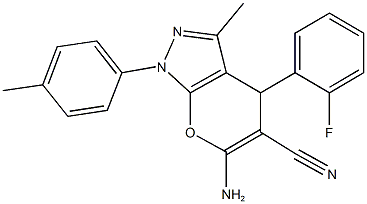 6-amino-4-(2-fluorophenyl)-3-methyl-1-(4-methylphenyl)-1,4-dihydropyrano[2,3-c]pyrazole-5-carbonitrile Struktur