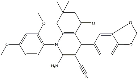 2-amino-4-(1,3-benzodioxol-5-yl)-1-(2,4-dimethoxyphenyl)-7,7-dimethyl-5-oxo-1,4,5,6,7,8-hexahydro-3-quinolinecarbonitrile Struktur