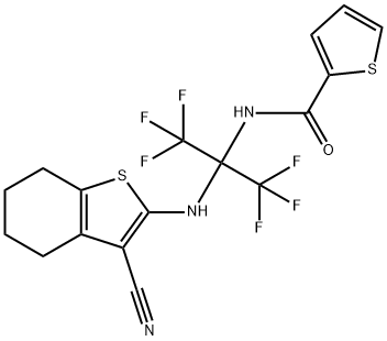 N-[1-[(3-cyano-4,5,6,7-tetrahydro-1-benzothien-2-yl)amino]-2,2,2-trifluoro-1-(trifluoromethyl)ethyl]-2-thiophenecarboxamide Struktur