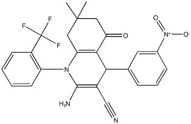 2-amino-4-{3-nitrophenyl}-7,7-dimethyl-5-oxo-1-[2-(trifluoromethyl)phenyl]-1,4,5,6,7,8-hexahydro-3-quinolinecarbonitrile Struktur