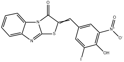 2-{4-hydroxy-3-nitro-5-iodobenzylidene}[1,3]thiazolo[3,2-a]benzimidazol-3(2H)-one Struktur