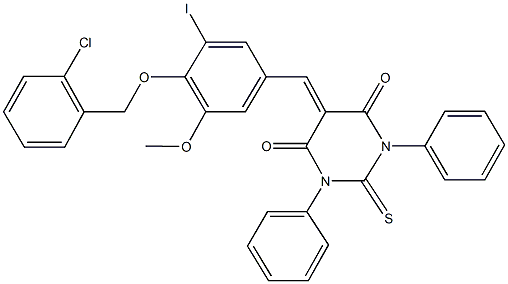 5-{4-[(2-chlorobenzyl)oxy]-3-iodo-5-methoxybenzylidene}-1,3-diphenyl-2-thioxodihydro-4,6(1H,5H)-pyrimidinedione Struktur