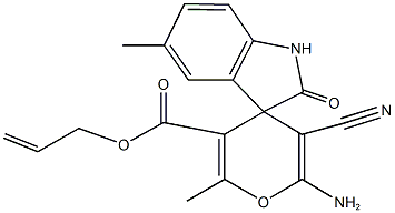 3-alloxycarbonyl-6-amino-5-cyano-1',3'-dihydro-2,5'-dimethylspiro[4H-pyran-4,3'-(2'H)-indol-2'-one] Struktur